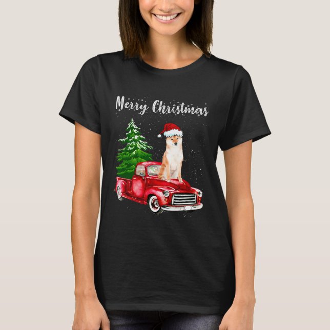 Shiba Inu Riding Red Truck Merry Christmas Dog Lov T-Shirt (Vorderseite)