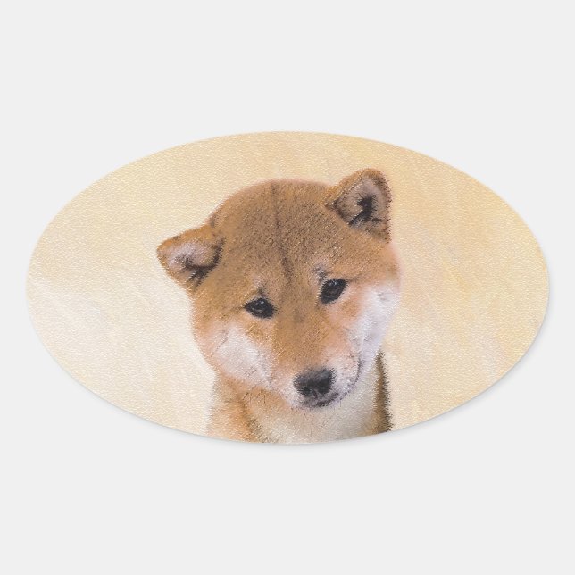 Shiba Inu (Rot) Malerei - Original Hunde Kunst Ovaler Aufkleber (Vorderseite)