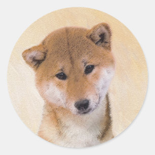 Shiba Inu (Rot) Malerei - Original Hunde Kunst Runder Aufkleber