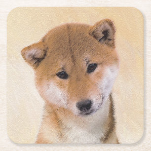 Shiba Inu (Rot) Malerei - Original Hundekunst Rechteckiger Pappuntersetzer