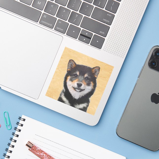 Shiba Inu (Schwarz und Tan) Malerei - Hundekunst Aufkleber (Laptop mit iPhone)