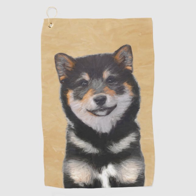 Shiba Inu (Schwarz und Tan) Malerei - Hundekunst Golfhandtuch (Vorderseite)