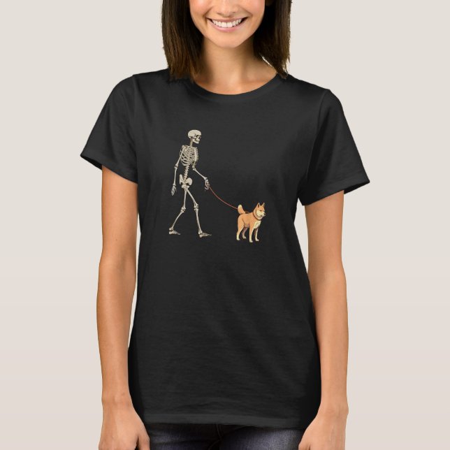 Shiba Inu Skeleton Dog Walking Halloween Dog T-Shirt (Vorderseite)