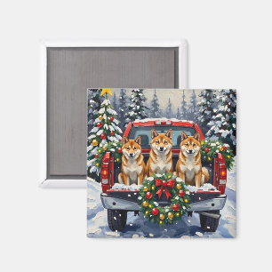 Shiba Inu Weihnachten Rotes Lastwagen Ferien Magnet