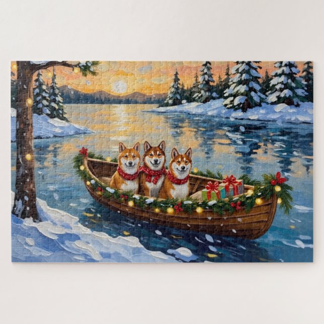 Shiba Inu Weihnachtsboot Urlaub Puzzle (Horizontal)