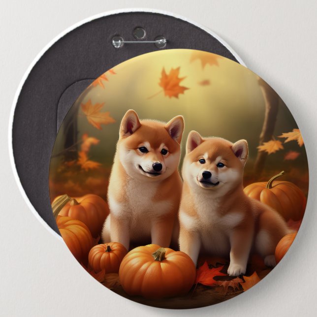 Shiba Inu Welppy Autumn Delight Pumpkin Button (Vorne & Hinten)