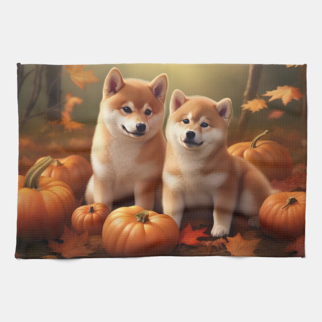 Shiba Inu Welppy Autumn Delight Pumpkin Geschirrtuch (Horizontal)