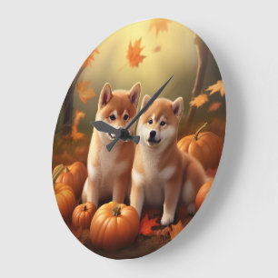Shiba Inu Welppy Autumn Delight Pumpkin Große Wanduhr