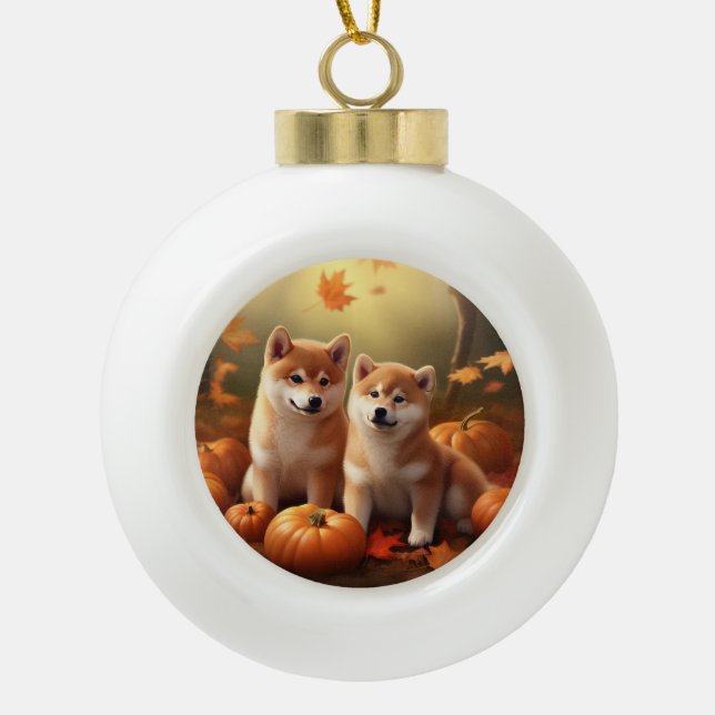 Shiba Inu Welppy Autumn Delight Pumpkin Keramik Kugel-Ornament (Vorderseite)