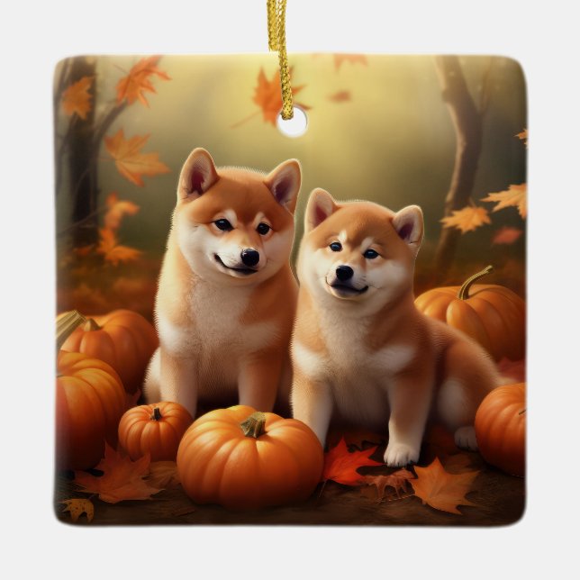Shiba Inu Welppy Autumn Delight Pumpkin Keramikornament (Vorderseite)