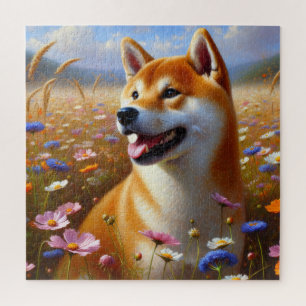 Shiba Inu Wildblume Ölgemälde Puzzle