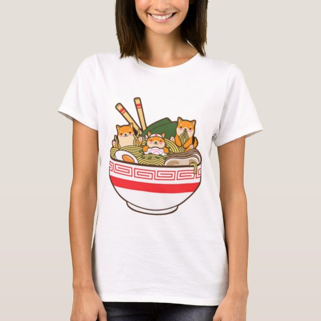 Shibas Inu Eating Ramen Noodles T Shirt, Kawaii T-Shirt (Vorderseite)