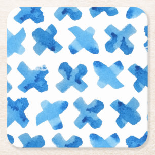 Shibori-blaue Wasserfarben-Kreuze x Muster Rechteckiger Pappuntersetzer