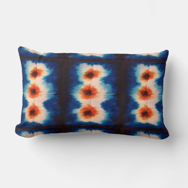 Shibori Fabric Boho Blue Orange Gefärbte Krawatte  Lendenkissen (Vorderseite)