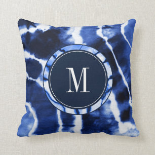 Shibori Indigo Blau Tie Dye Wasserfarbe Monogramm Kissen