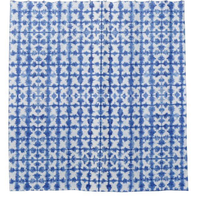 Shibori Krawatte Dyed Indigo Blue n White X Muster Duschvorhang (Vorderseite)