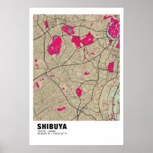 Shibuya Map Poster - Tokio Stilvolle rosa Karte