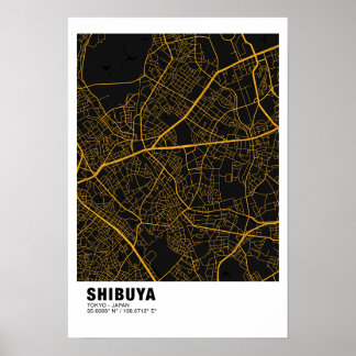 Shibuya Map Poster - Tokyo Black and Golden Map