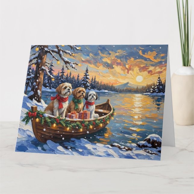 Shih Tzu Christmas Boat Holiday Karte (Vorderseite)