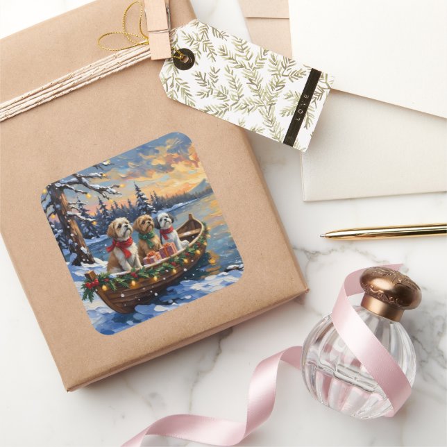 Shih Tzu Christmas Boat Holiday Quadratischer Aufkleber (Schenken)