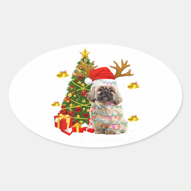 Shih Tzu Christmas Lights Tree | Santa Xmas Ovaler Aufkleber (Vorderseite)