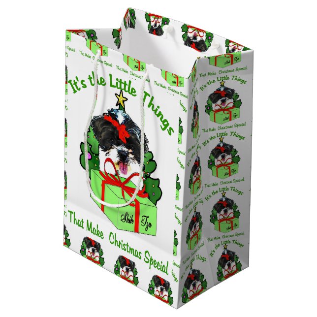 Shih Tzu Christmas Mittlere Geschenktüte (Rückseite Schrägansicht)