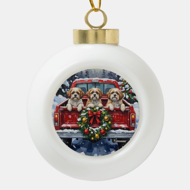 Shih Tzu Christmas Red Truck Holiday Keramik Kugel-Ornament (Vorderseite)