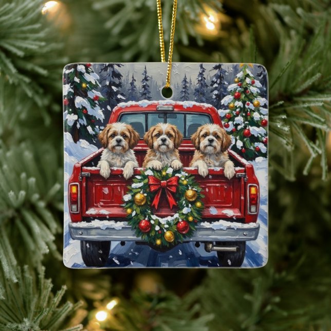 Shih Tzu Christmas Red Truck Holiday Keramikornament (Baum)