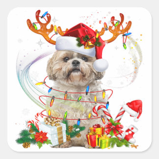 Shih Tzu Christmas Reindeer | Weihnachtsbeleuchtun Quadratischer Aufkleber