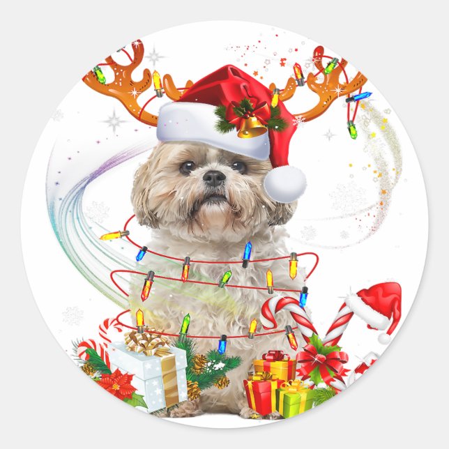Shih Tzu Christmas Reindeer | Weihnachtsbeleuchtun Runder Aufkleber (Vorderseite)