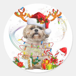 Shih Tzu Christmas Reindeer   Weihnachtsbeleuchtun Runder Aufkleber