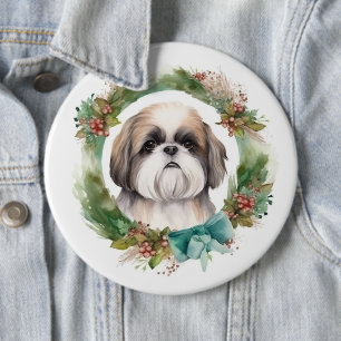 Shih Tzu Christmas Wreath Festivals Button
