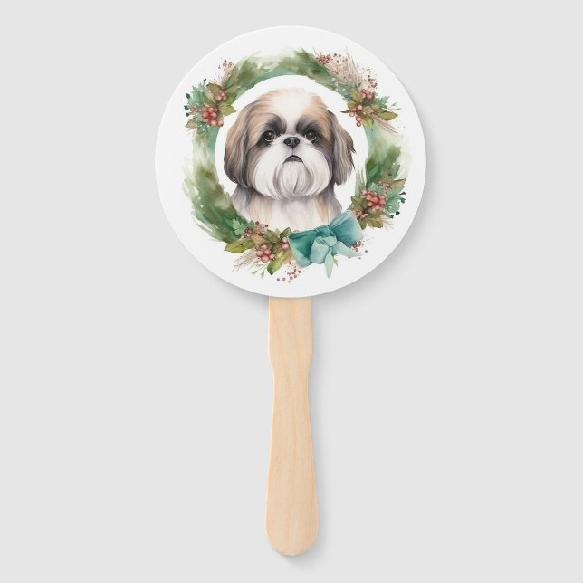 Shih Tzu Christmas Wreath Festivals Fächer (Vorderseite)