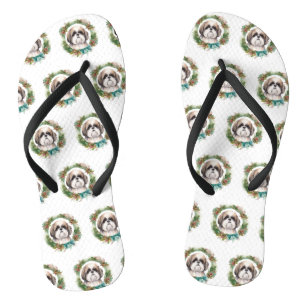 Shih Tzu Christmas Wreath Festivals Flip Flops