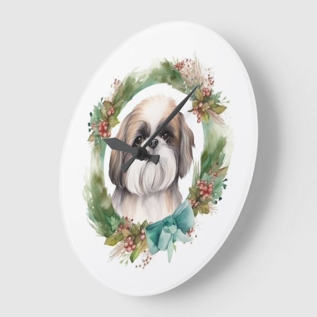 Shih Tzu Christmas Wreath Festivals Große Wanduhr (Winkel)