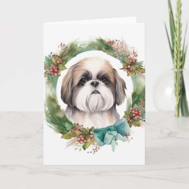 Shih Tzu Christmas Wreath Festivals Karte (Vorderseite)