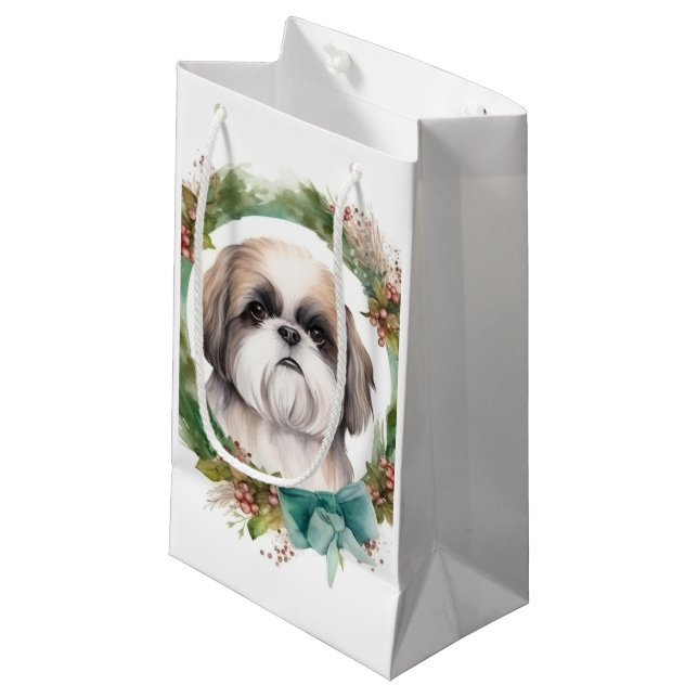 Shih Tzu Christmas Wreath Festivals Kleine Geschenktüte (Vorderseite Schrägansicht)
