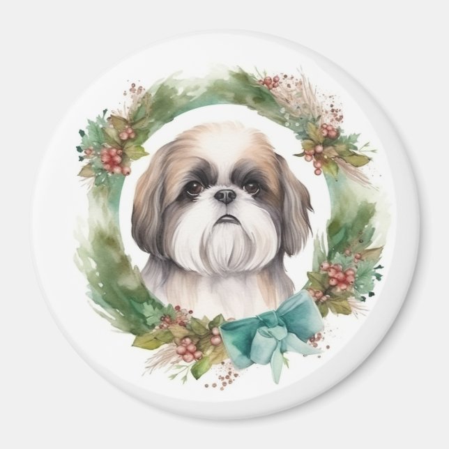 Shih Tzu Christmas Wreath Festivals Magnet (Vorne)