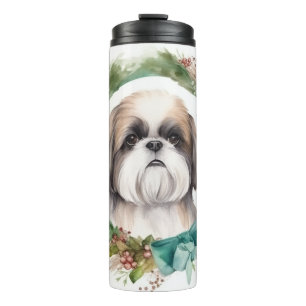 Shih Tzu Christmas Wreath Festivals Thermosbecher