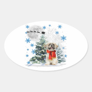 Shih Tzu Christmas Xmas Tree Funny Snow Xmas Ovaler Aufkleber