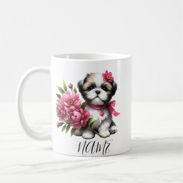 Shih Tzu Coffee Tasse - Niedlicher Welpe mit Blume (Links)