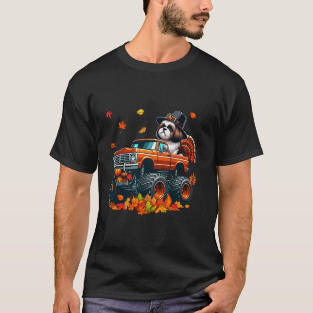 Shih Tzu Cosplay Turkey auf Monster Truck Thanksgi T-Shirt (Vorderseite)