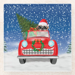 Shih Tzu Dog Autofahren Auto in Schnee Weihnachten Glasuntersetzer