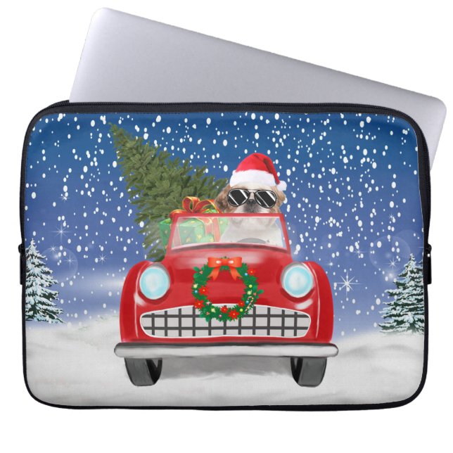Shih Tzu Dog Autofahren Auto in Schnee Weihnachten Laptopschutzhülle (Vorderseite)