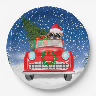 Shih Tzu Dog Autofahren Auto in Schnee Weihnachten Pappteller