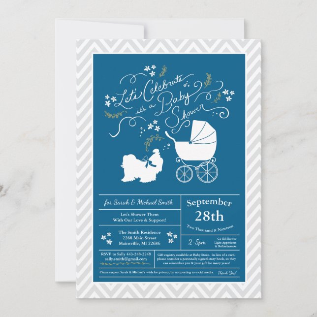 Shih Tzu Dog Baby Shower Blue Boy Einladung (Vorderseite)