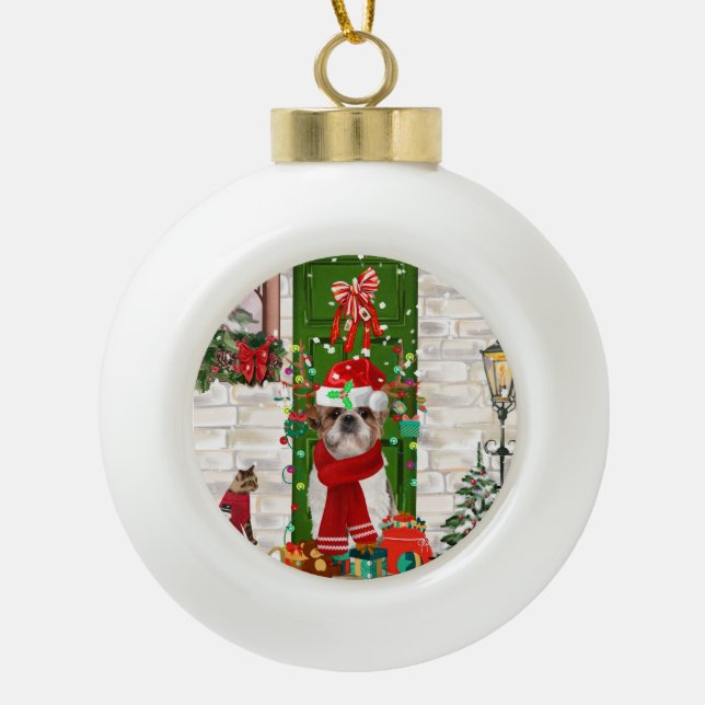 Shih Tzu Dog Christmas Keramik Kugel-Ornament (Vorderseite)