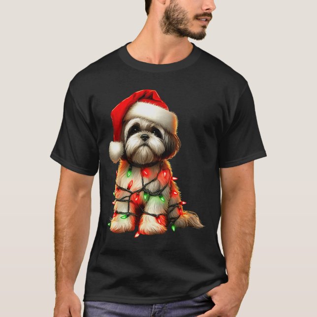 Shih Tzu Dog Christmas Lights Santa Hat Dog Lover  T-Shirt (Vorderseite)