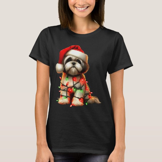 Shih Tzu Dog Christmas Lights Santa Hat Dog Lover  T-Shirt (Vorderseite)
