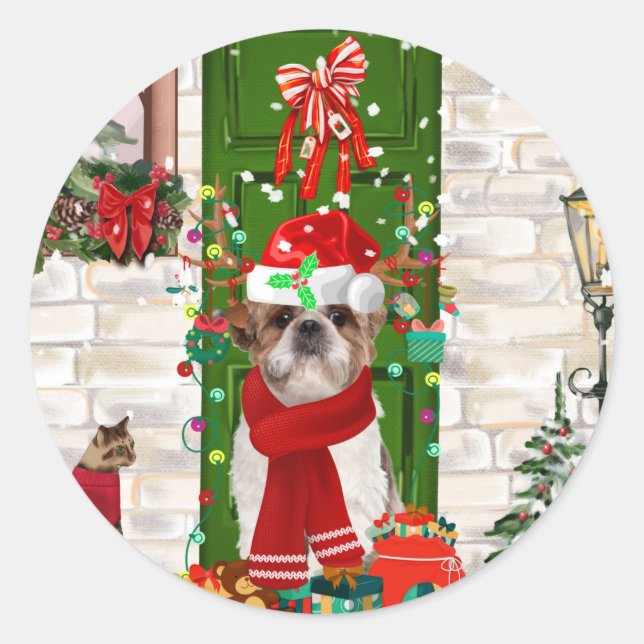 Shih Tzu Dog Christmas Runder Aufkleber (Vorderseite)